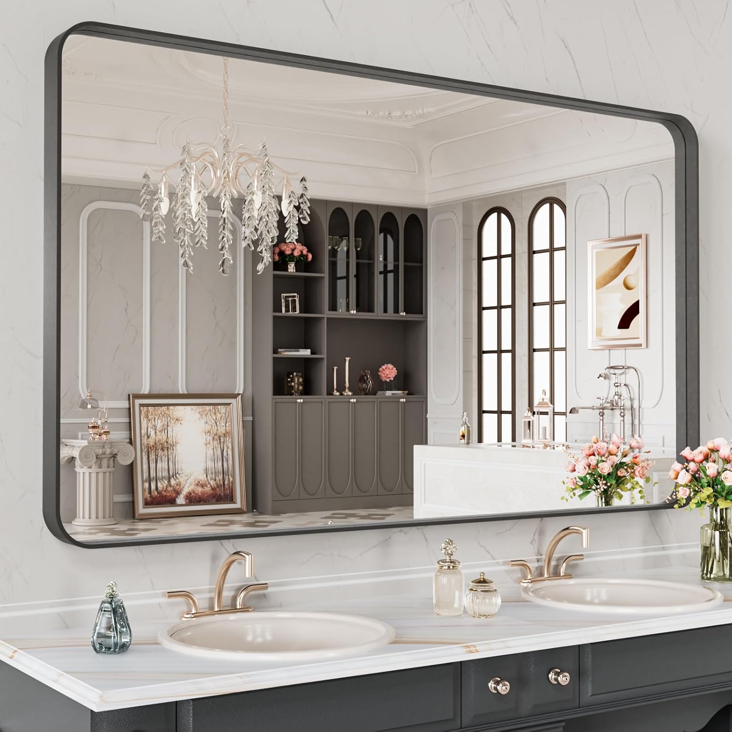 LOAAO 48X28 Inch Black Metal Framed Bathroom Mirror for Wall