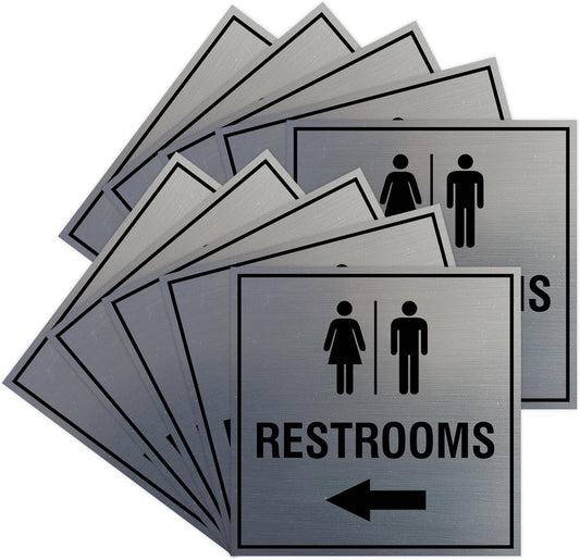 Square Restrooms Left Arrow Sign with Adhesive Tape - 10 Pack