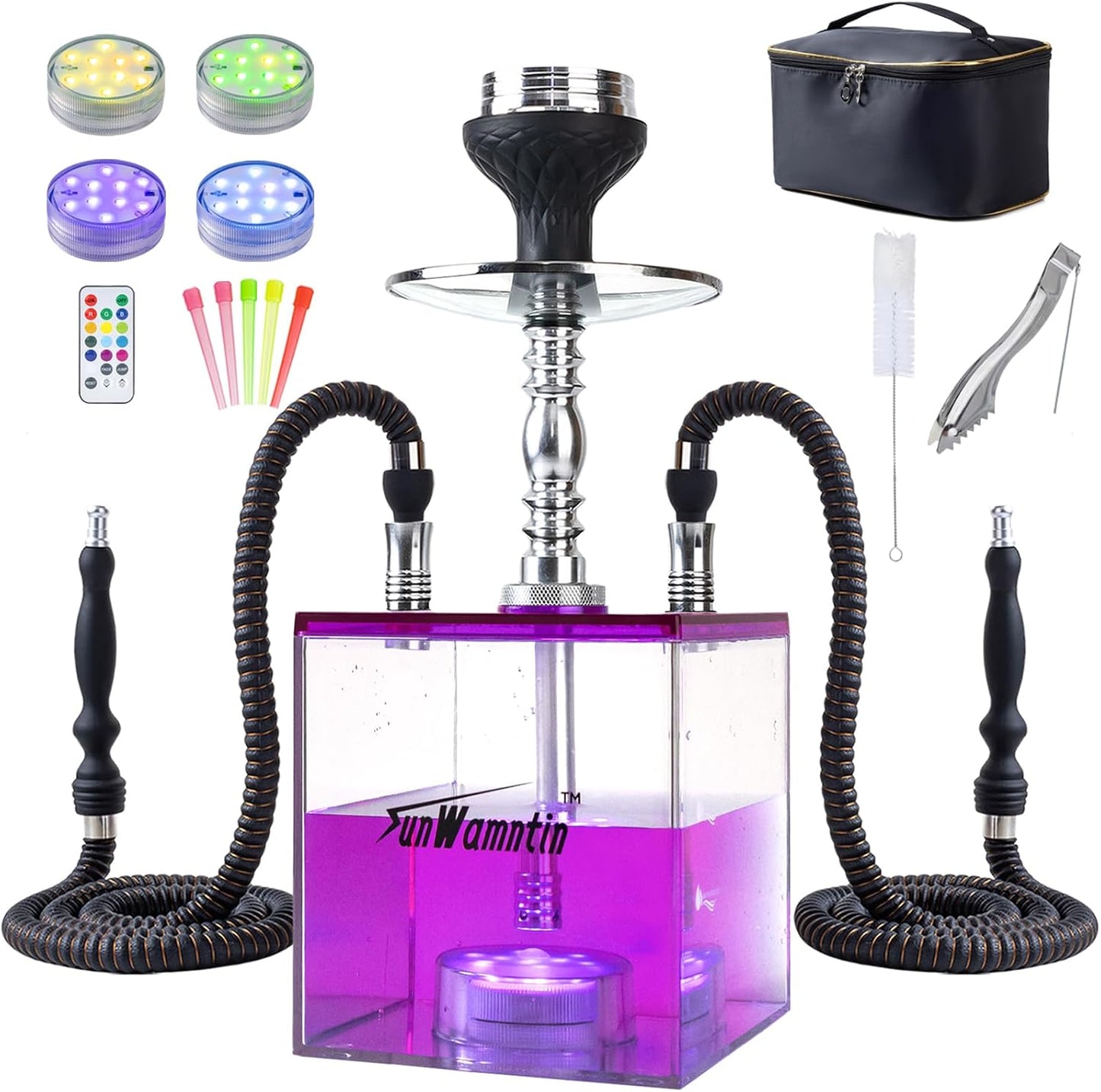 2 Hose Hookah Set with LED Lights and Portable Travel Bag