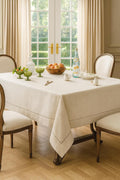 Fennco Styles Hemstitch Natural Tablecloth 65x180 in - Timeless Linen