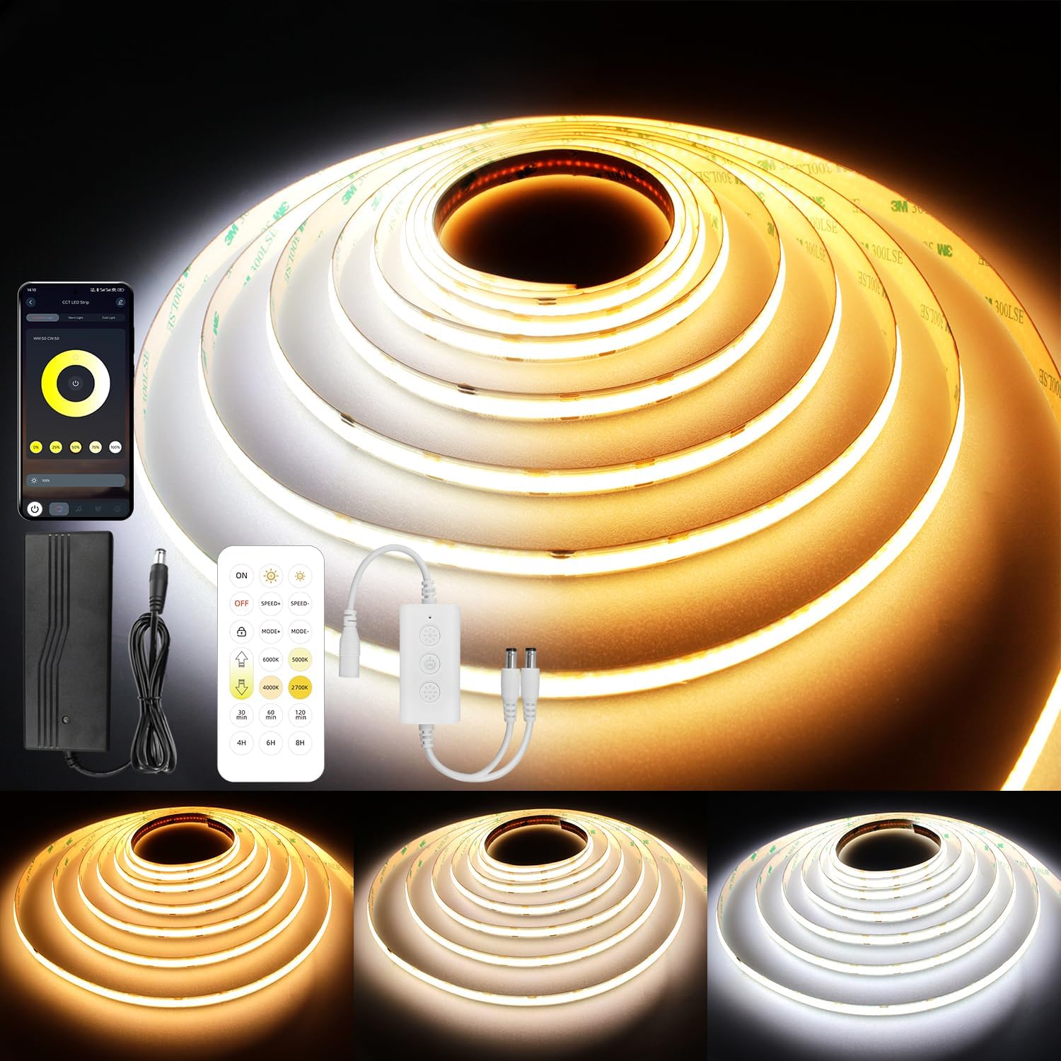 CCT COB LED Strip Lights for Dimmable Tunable White Lighting