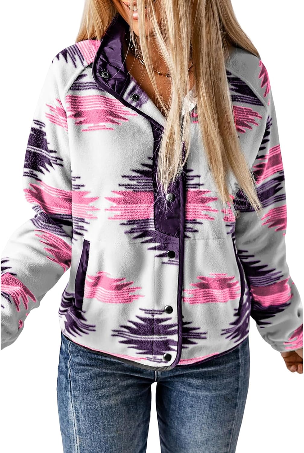 Womens Fleece Jacket with Western Aztec Print for Cozy Style