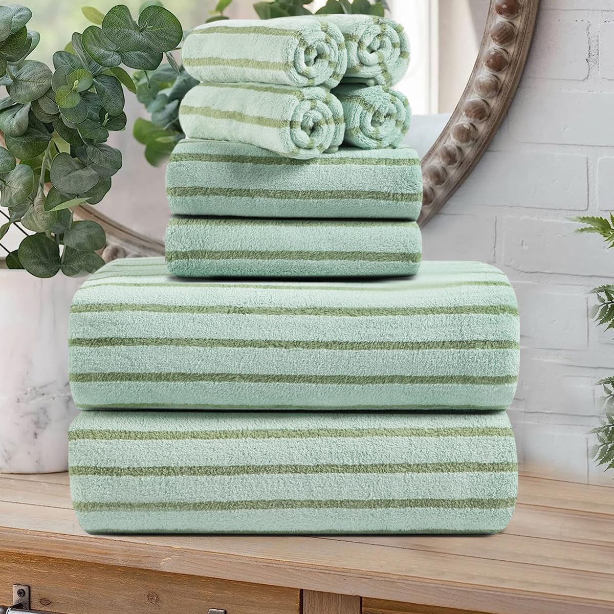 8 Pcs Green Cabana Stripe Large Bath Towel Set for Comfort