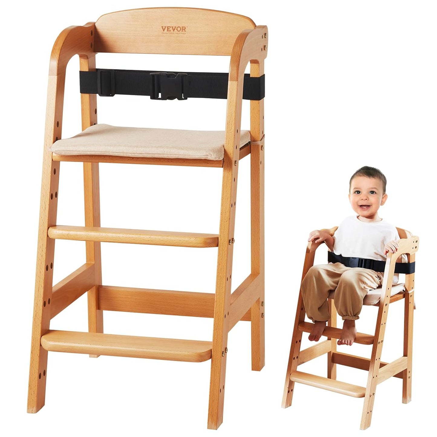VEVOR Wooden High Chair for Babies & Toddlers, Adjustable Design