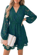 V Neck Lace Peasant Sleeve Mini Summer Dress - Elegant A Line