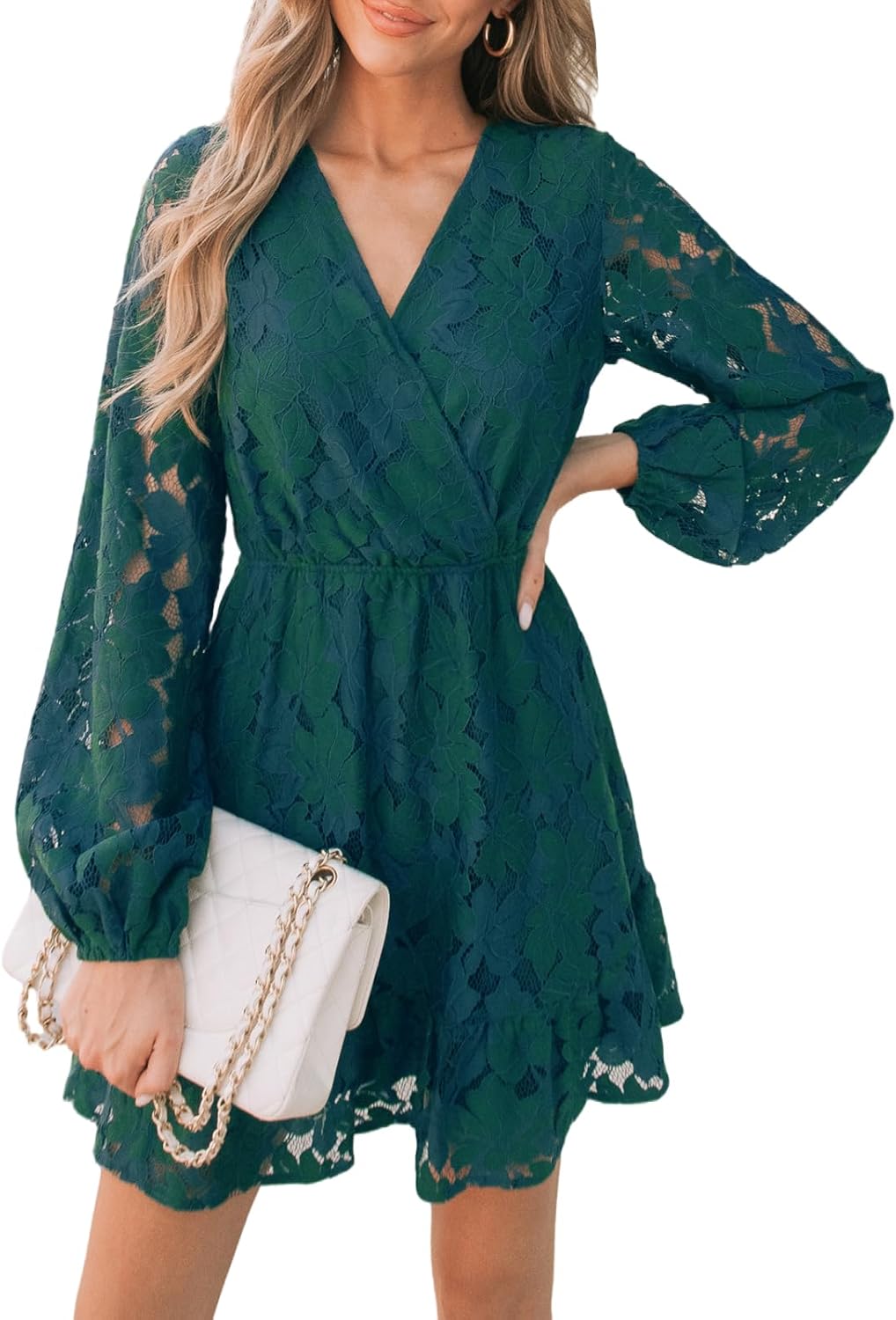 Elegant V Neck Lace Peasant Sleeve Mini Summer Dress for Women