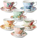 Floral Tea Cups and Saucers Set of 6 (8 oz) - Pastel Garden Elegance