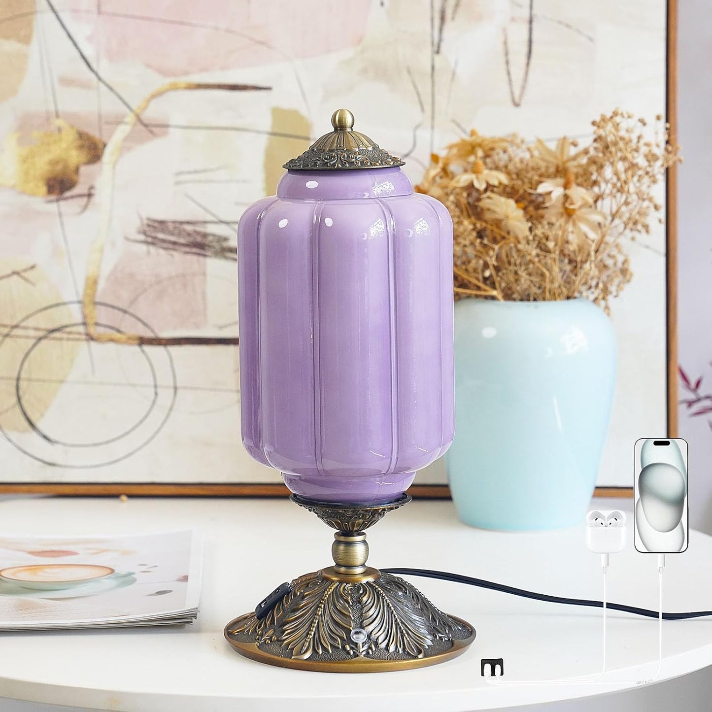 Vintage Purple Glass Touch Table Lamp with USB Charging Ports