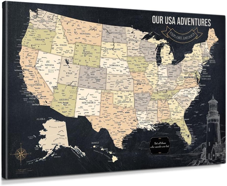 IPIC Canvas USA Map Painting for Wall Decor and Travel Marking