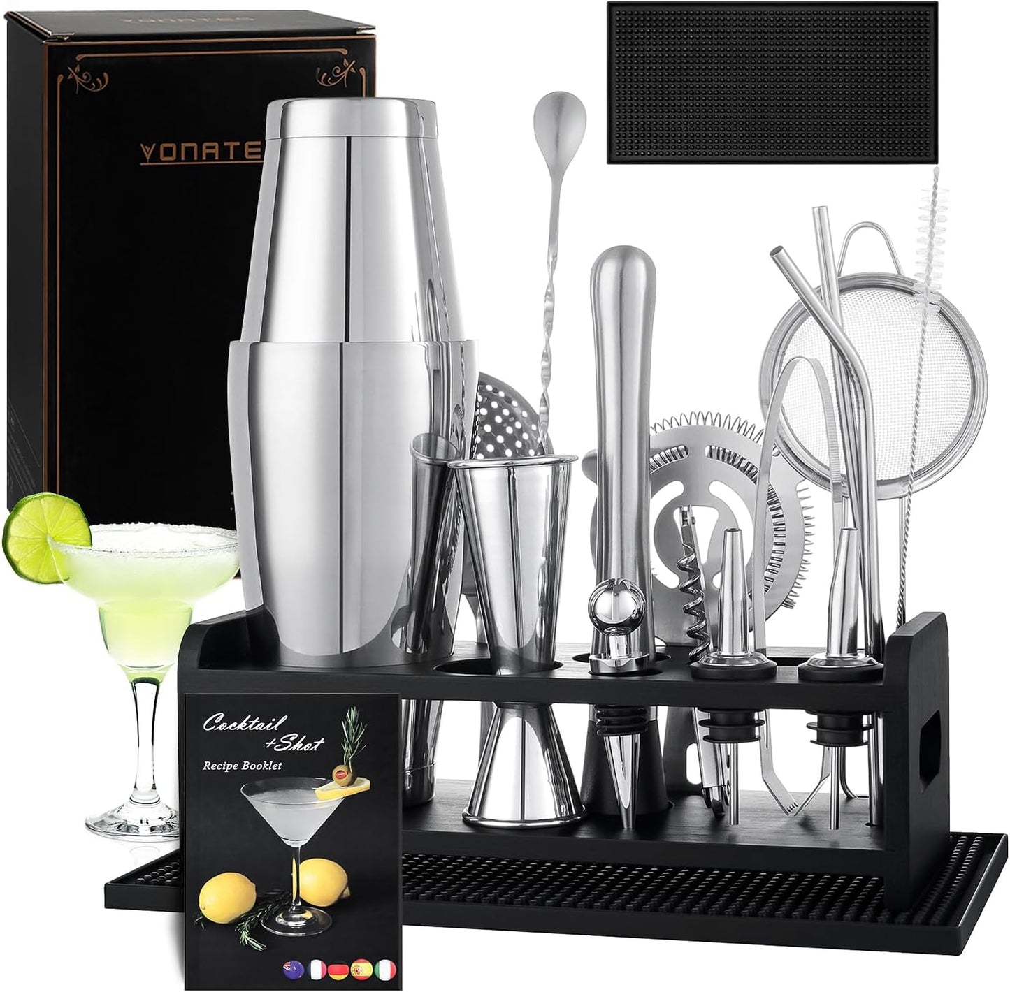 18PCS Boston Cocktail Shaker Set: Ultimate Barware Kit with Stand & Recipe ~ VONATES