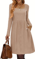 Womens Square Neck Knit Sweater Dress with Pockets - Knee Length