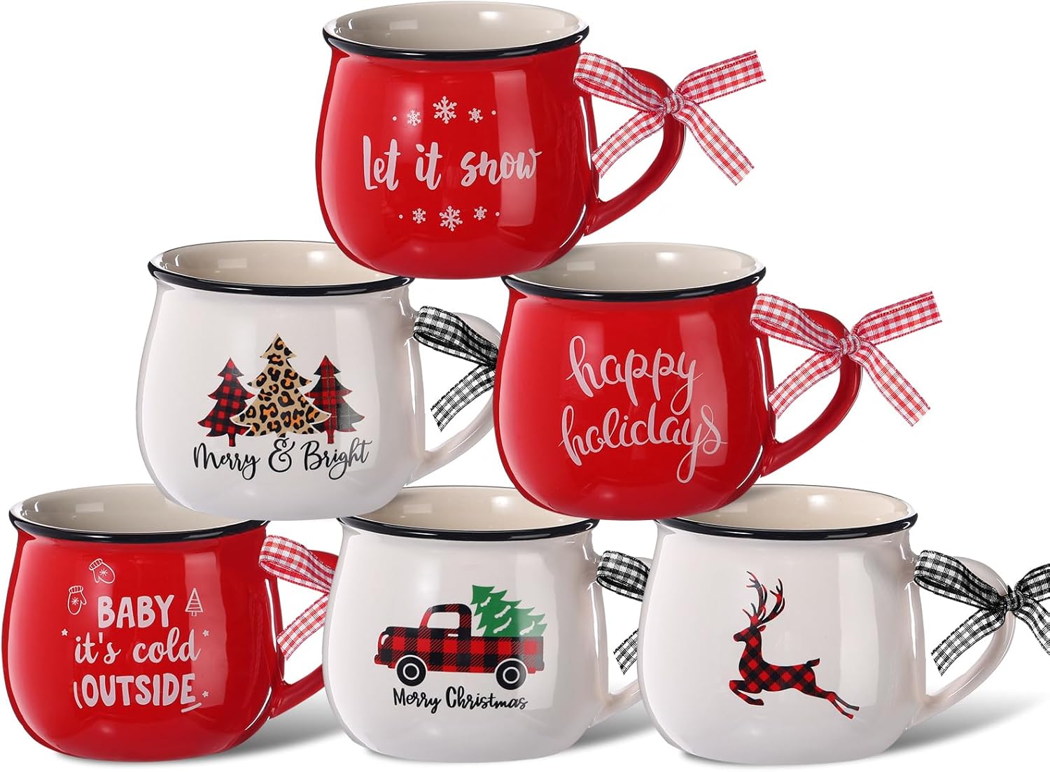 Christmas Coffee Mugs Set of 6 for Holiday Hot Cocoa Gifts