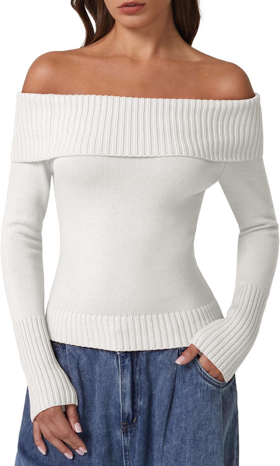 QINSEN Cotton Off The Shoulder Sweater for Women Long Sleeve
