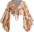 Women's Boho Tie Front Bell Sleeve Top - 70s Floral Crop