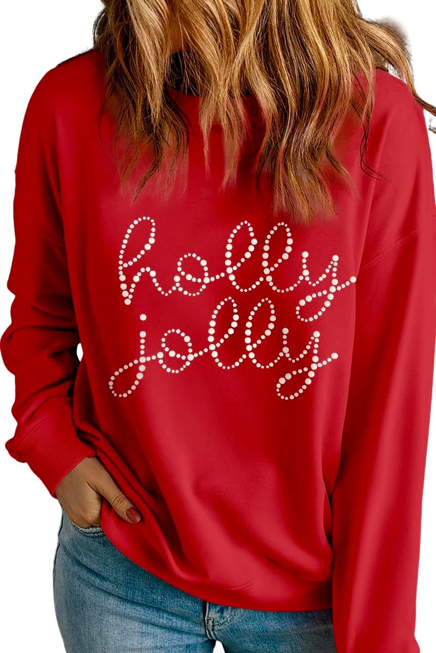 Holly Jolly Red Christmas Sweater, Sparkling White Bling, Women's Festive Style