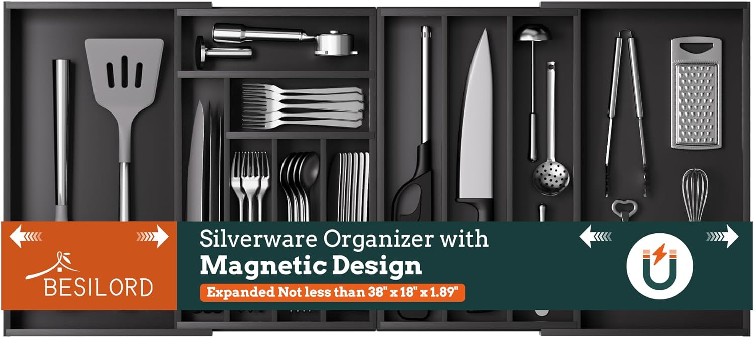 Magnetic Bamboo Silverware Organizer for Kitchen Drawers 21 to 37.4 in