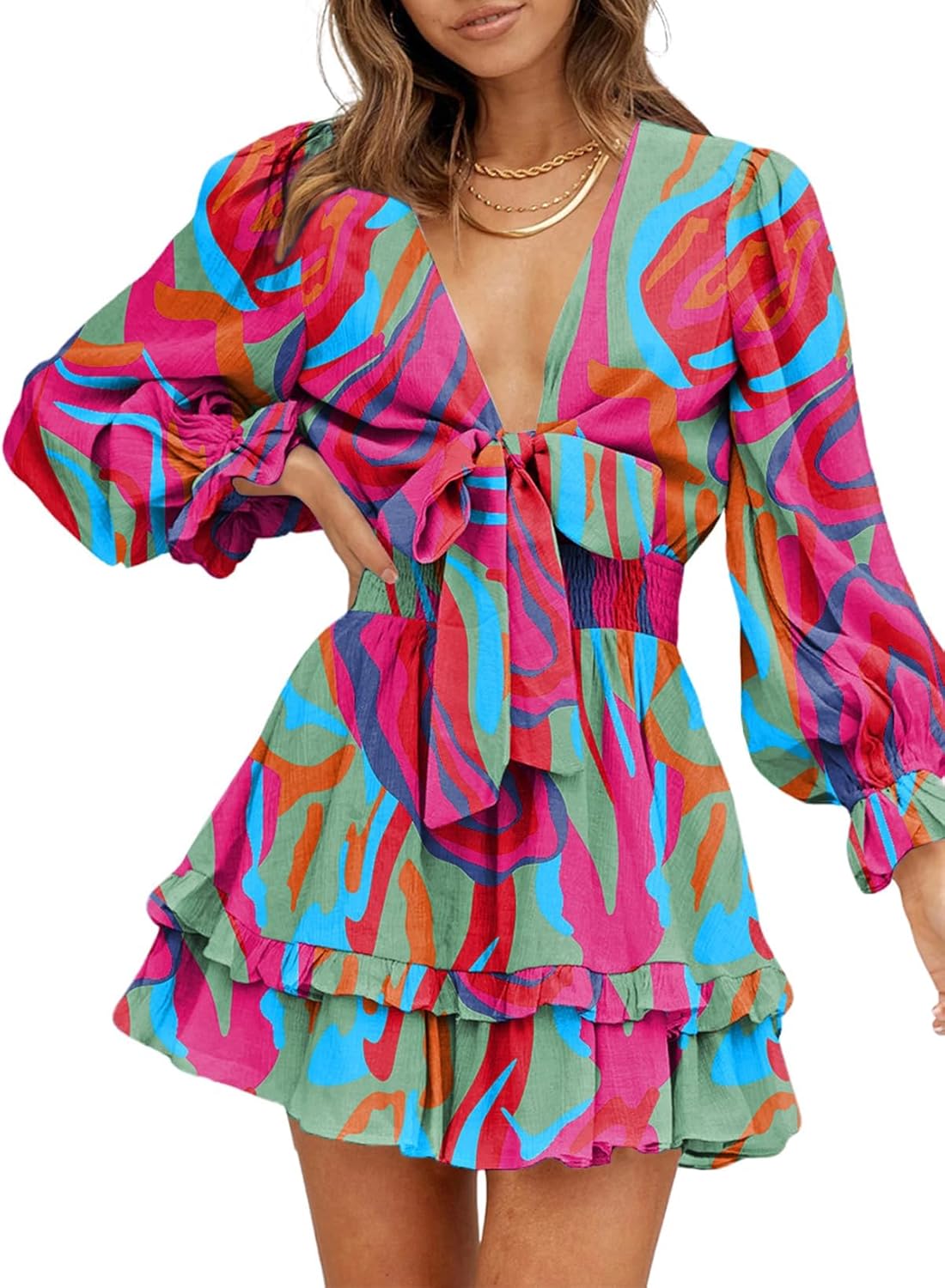 Dokotoo Womens Casual Deep V Neck Knotted Mini Dress for Fall