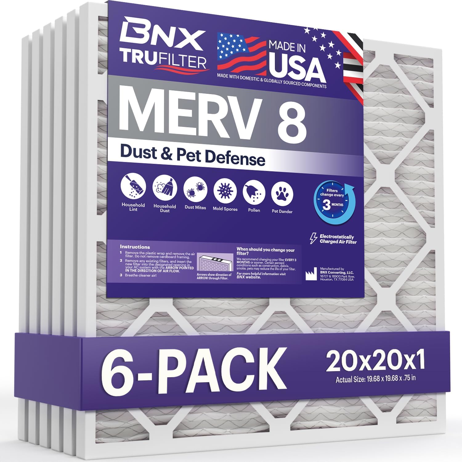 BNX TruFilter 20x20x1 MERV 8 - 6-Pack MADE IN USA - Dust & Pet Defense Filter
