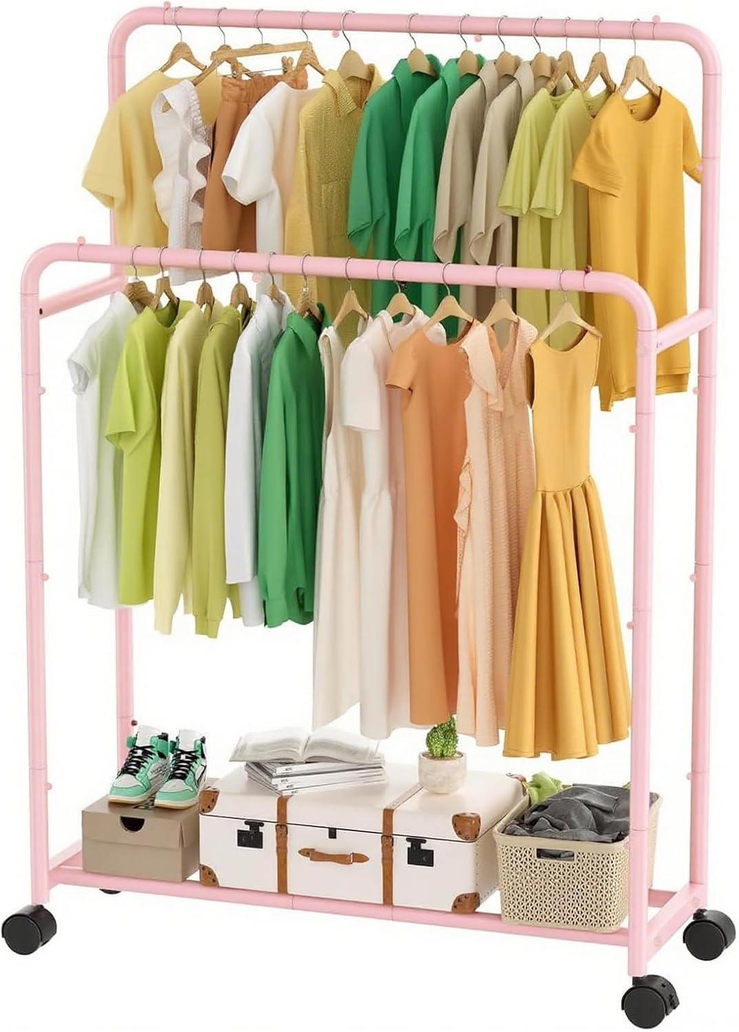 Double Rod Rolling Metal Garment Rack for Clothes Storage