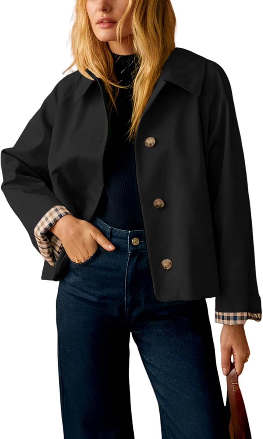 Dqbeng Womens Cropped Trench Coat with Classic Collar Style