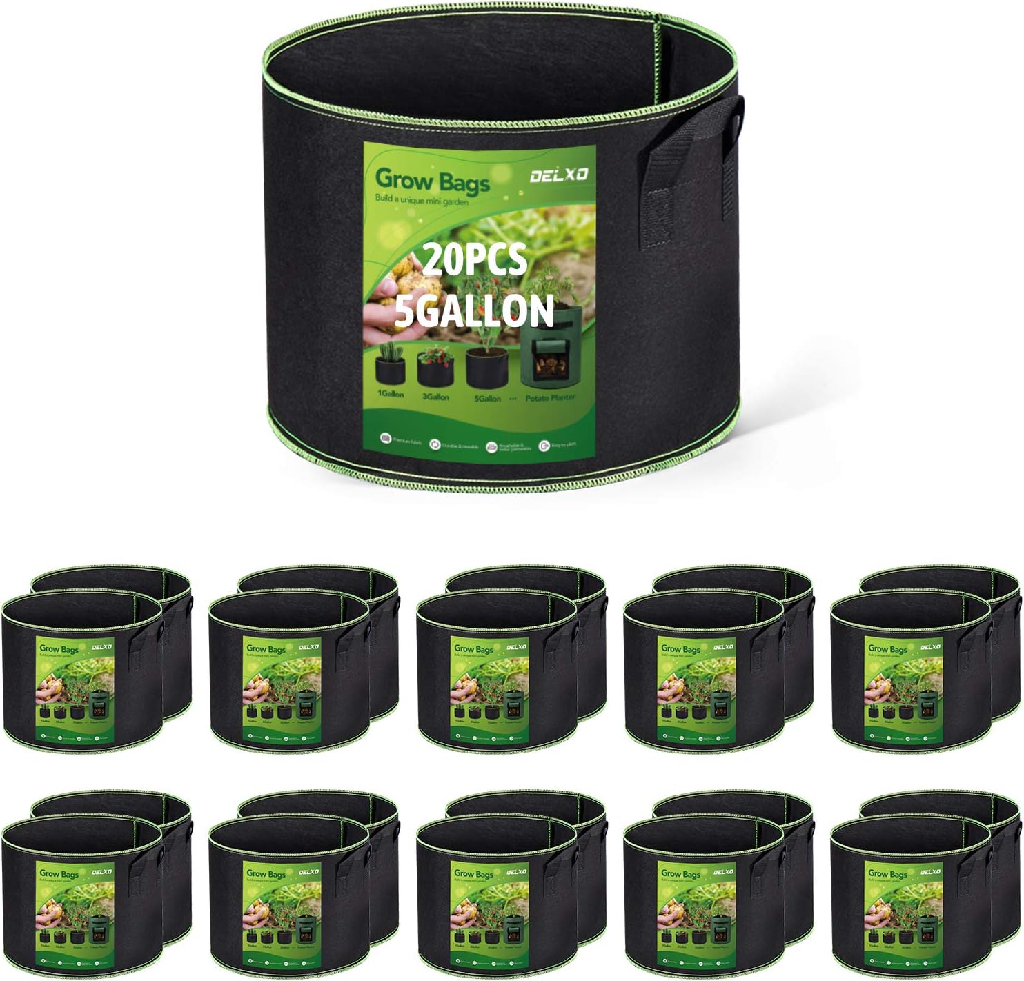 Delxo 20 Pack 5 Gallon Grow Bags for Healthy Plant Growth
