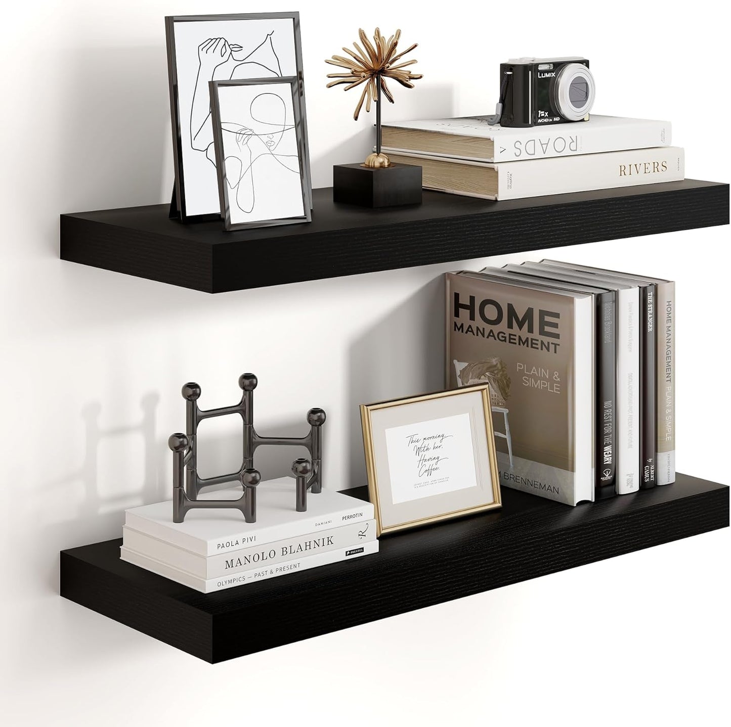 24 inch Floating Shelves for Wall - Modern Black Wood Design