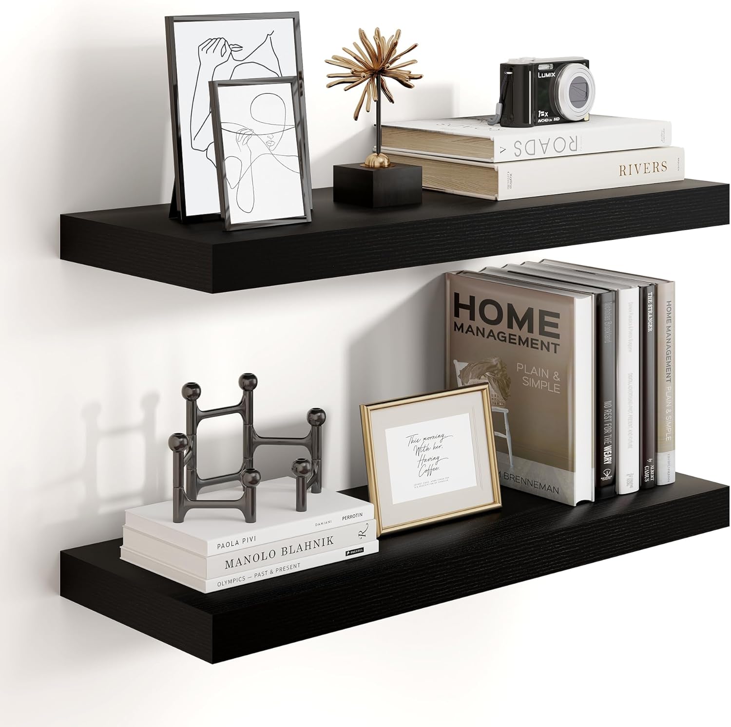 24 inch Floating Shelves for Wall - Modern Black Wood Design