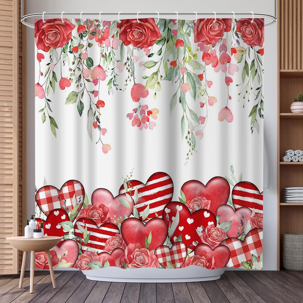 Romantic Valentine's Shower Curtain - Red Rose & Heart Design