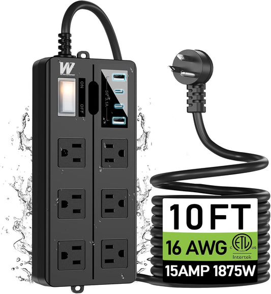VNJ Outdoor Power Strip with 6AC Outlets and 4USB Ports