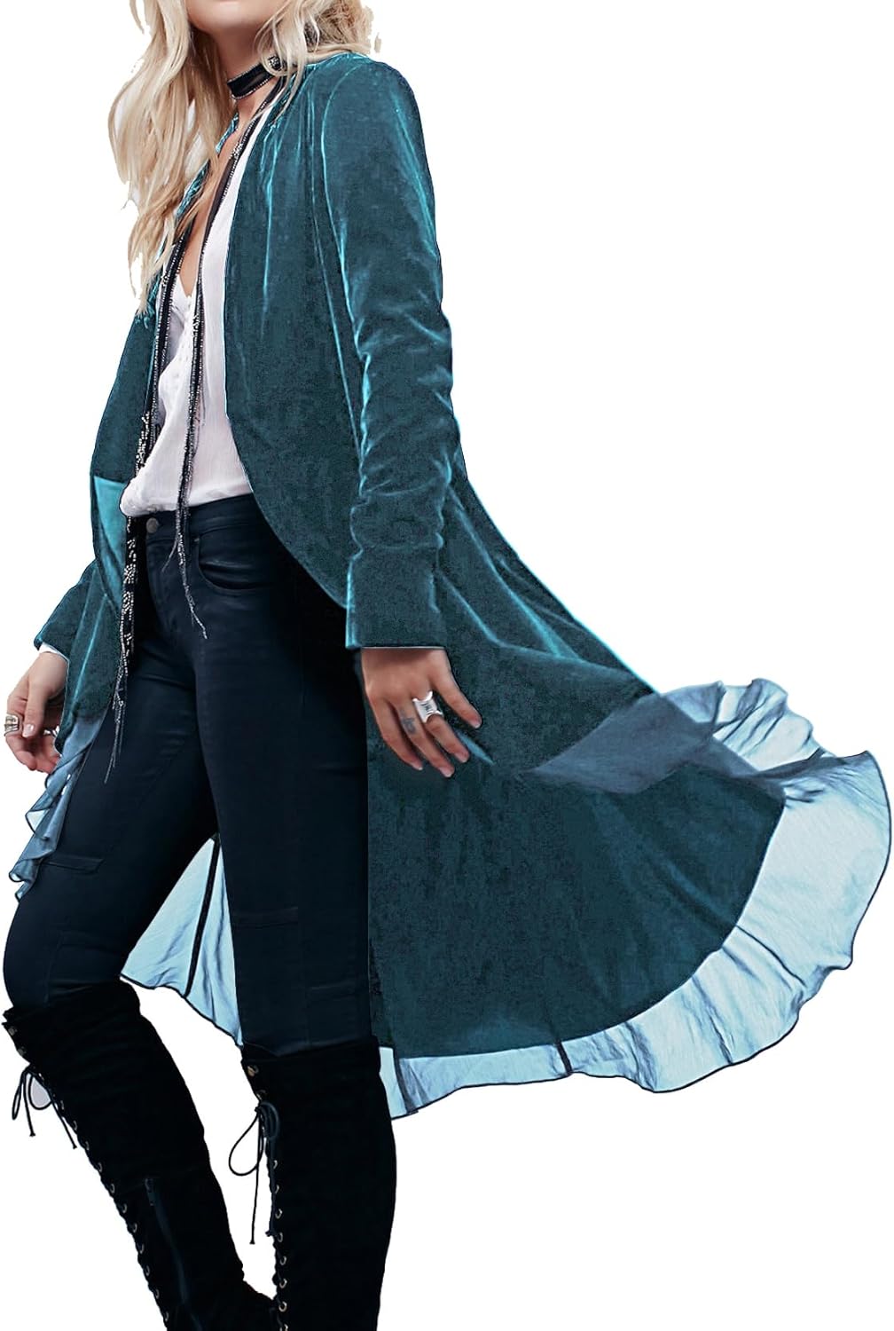 Ruffled Asymmetric Long Velvet Blazers Coat for Women
