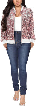 Womens Long Sleeve Sequin Zipper Jacket with Ribbed Cuffs - Sparkle