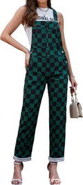 Green Checkered Overalls for Women - Retro Stretch Denim Jumpsuit