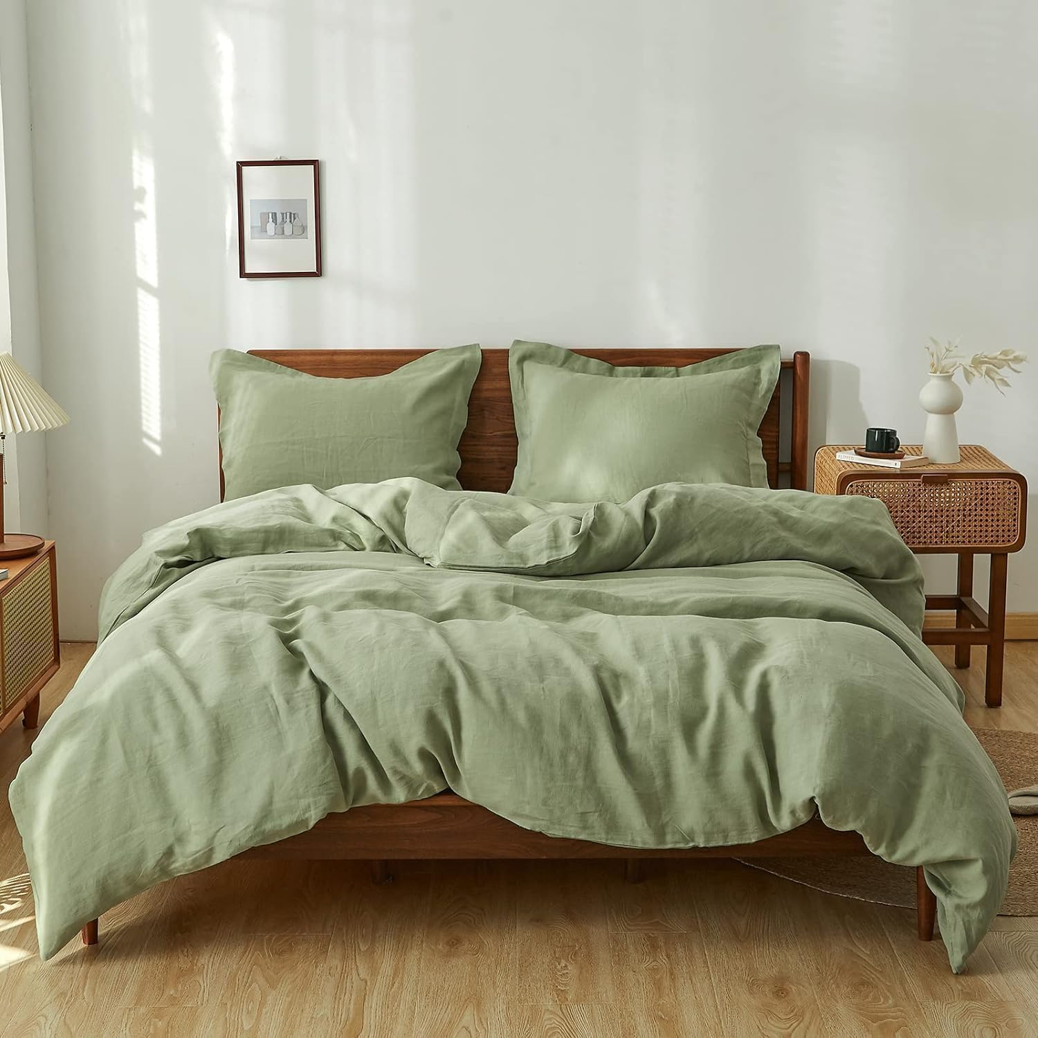 100% Linen Duvet Cover Set in Sage Green for Queen Size Beds