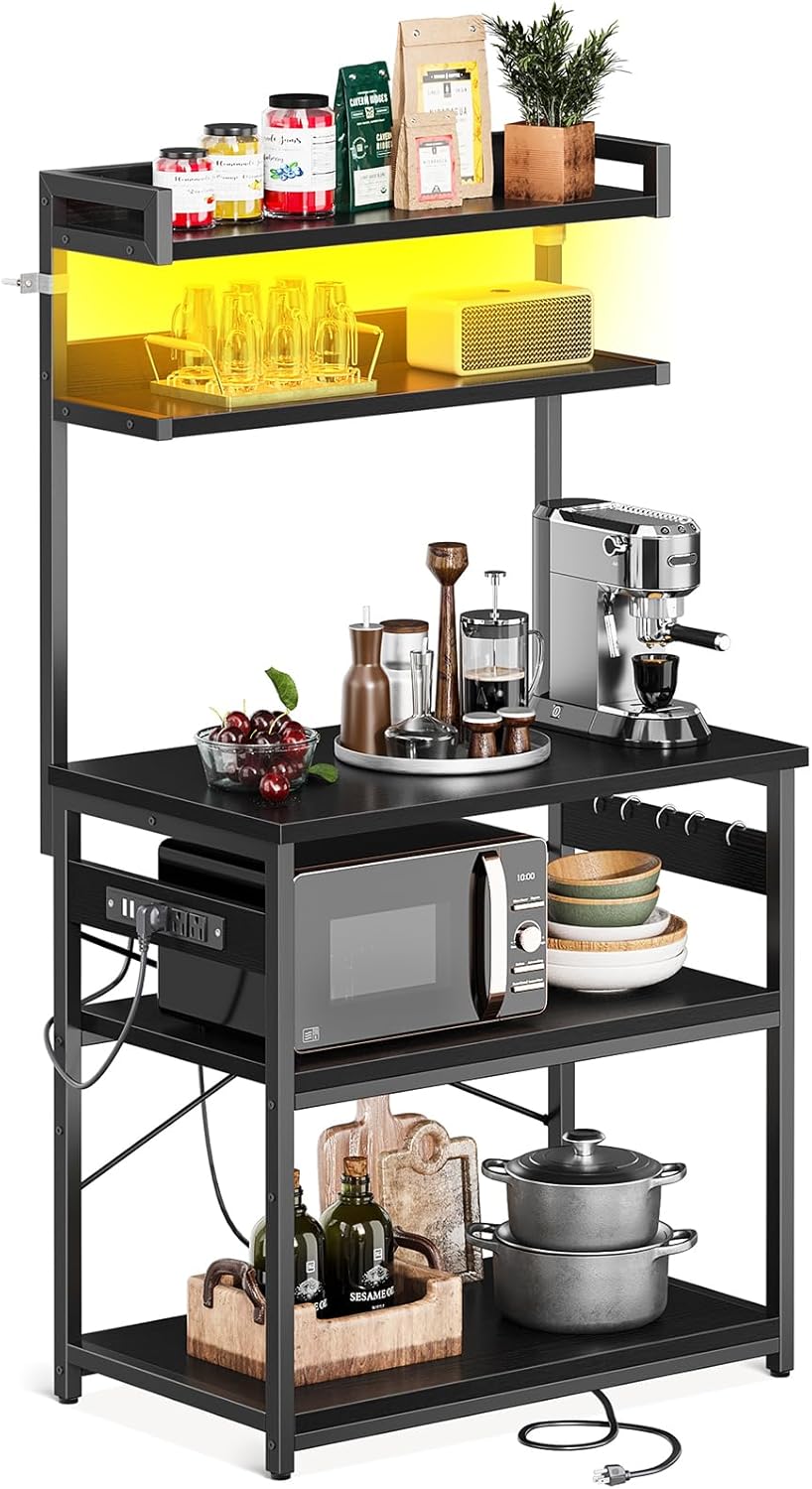 Casaottima 5-Tier Bakers Rack: Power Outlet, LED Lights, Coffee Bar & Storage!