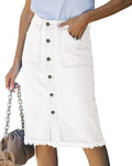 Denim Midi Skirt Button Down Pencil Skirt - Casual Frayed Hem