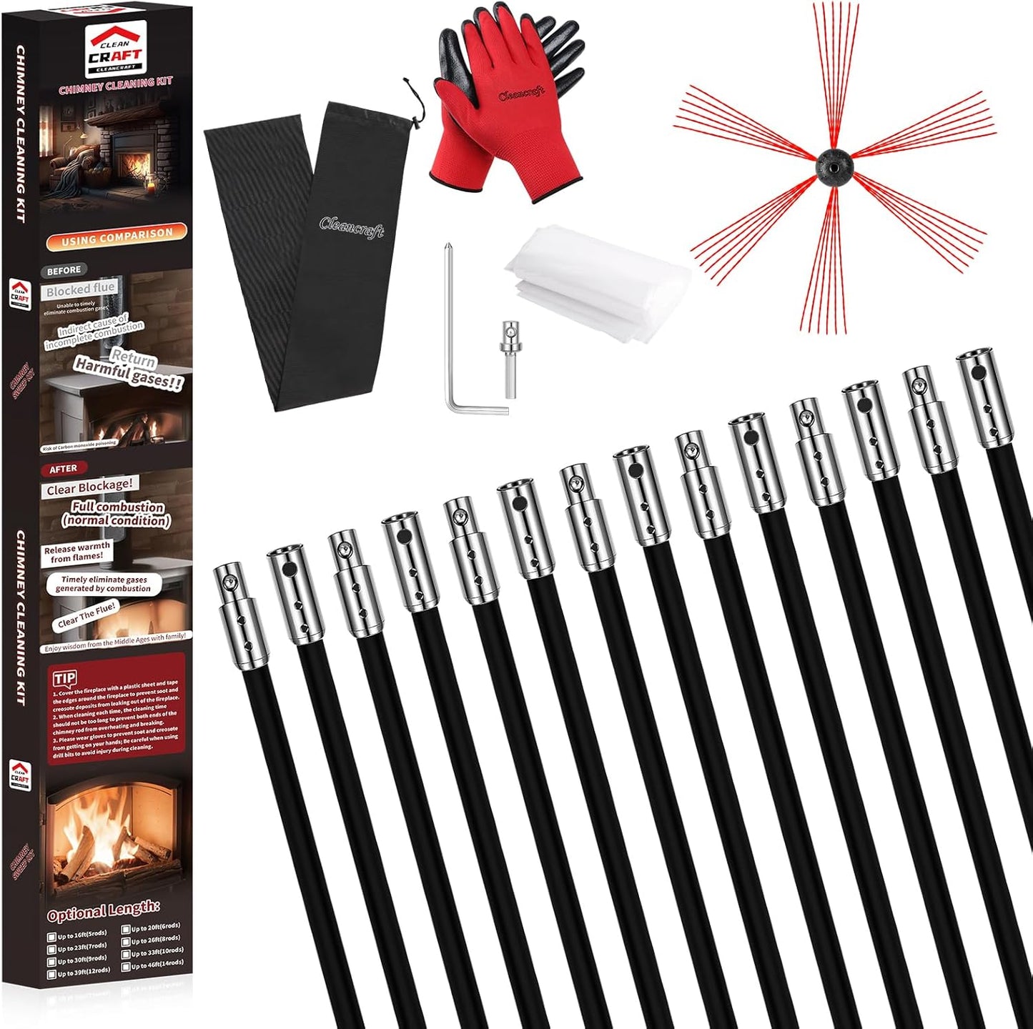 46 Feet Chimney Sweep Kit for Efficient Fireplace Cleaning