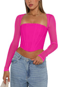 REORIA Women's Mesh Long Sleeve Boned Corset Top - Flattering Y2K has