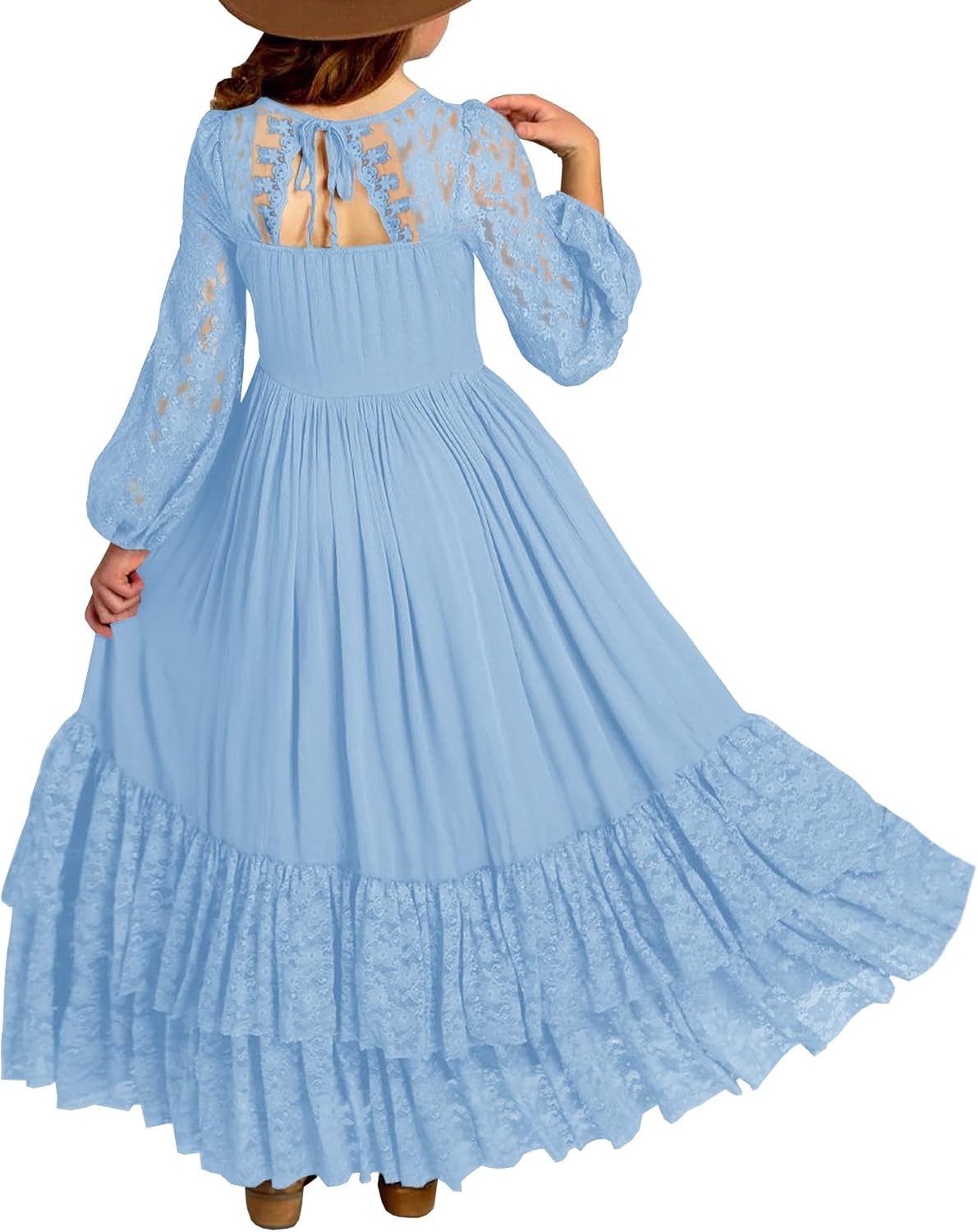 MITILLY Girls Boho Long Sleeve Backless Lace Flower Dress