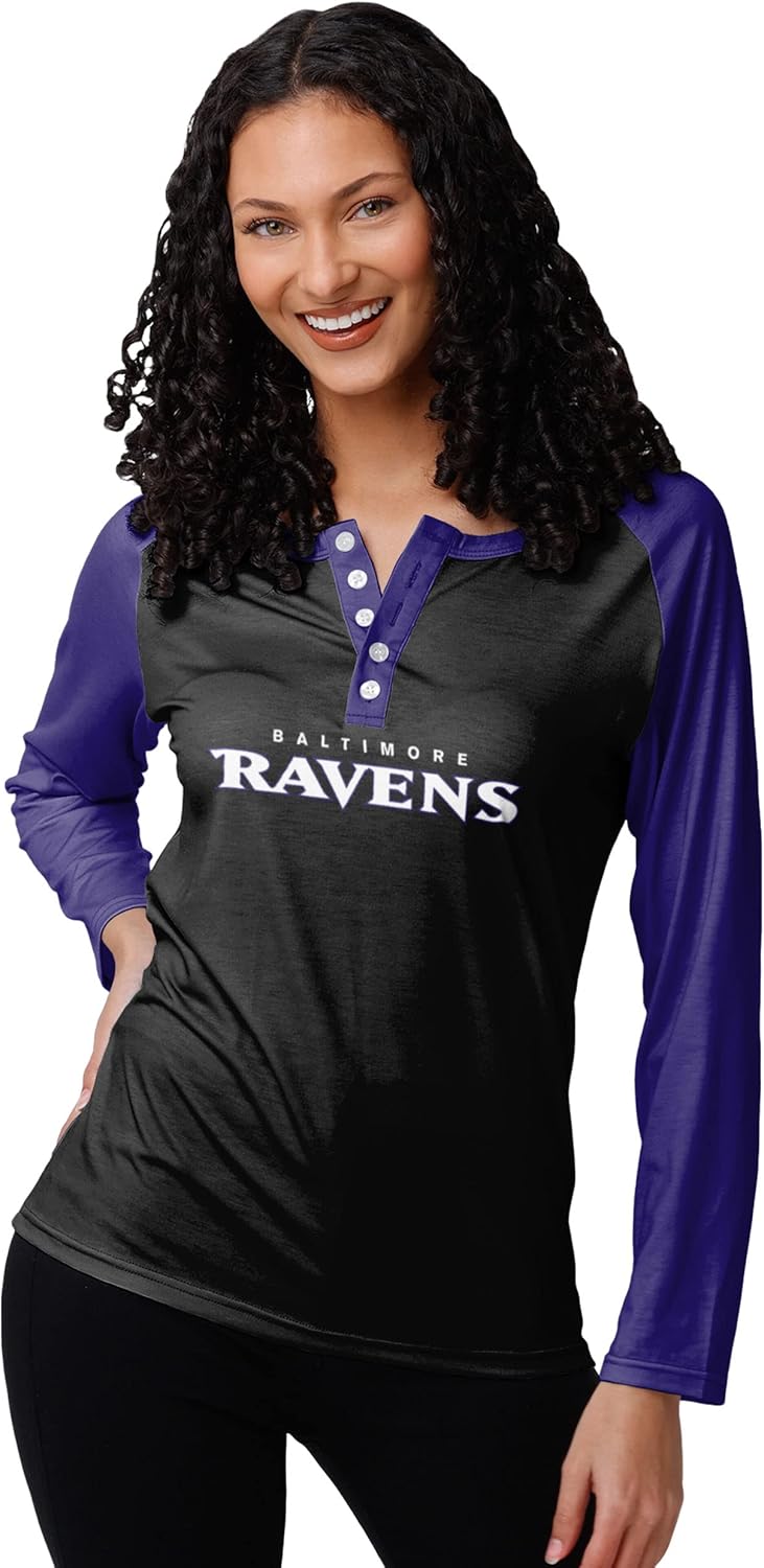 FOCO Women's NFL Team Logo Long Sleeve Henley Fashion Shirt
