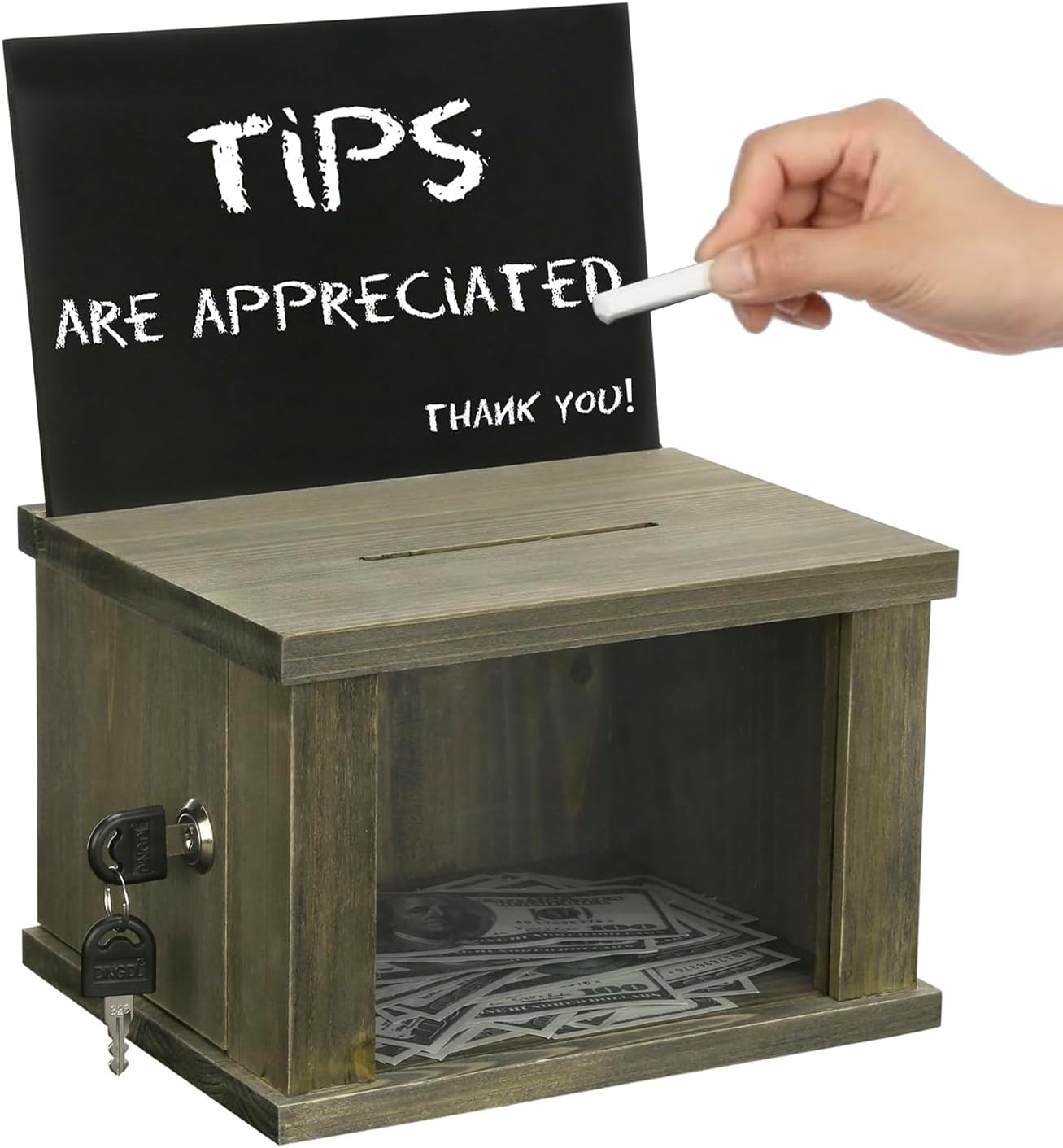 Vintage Gray Wood Tip Donation Collection Box with Lock and Key