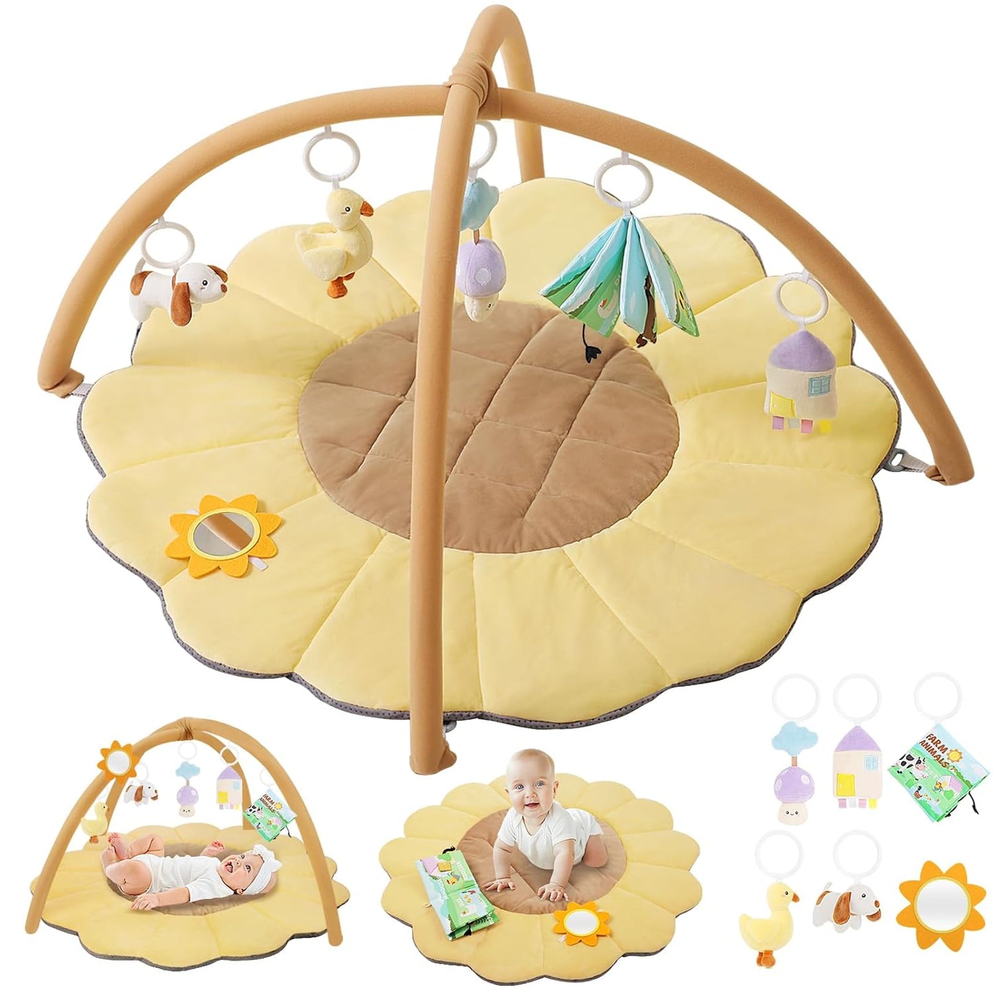 Baby Gym Play Mat with Sunflower Design and Detachable Toys