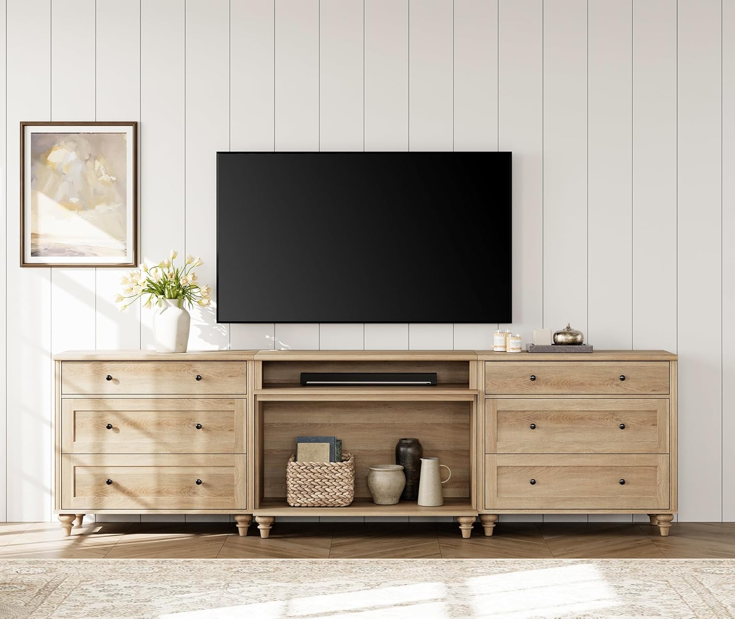 WAMPAT Oak TV Stand - 6 Drawer Home Entertainment for Large TVs