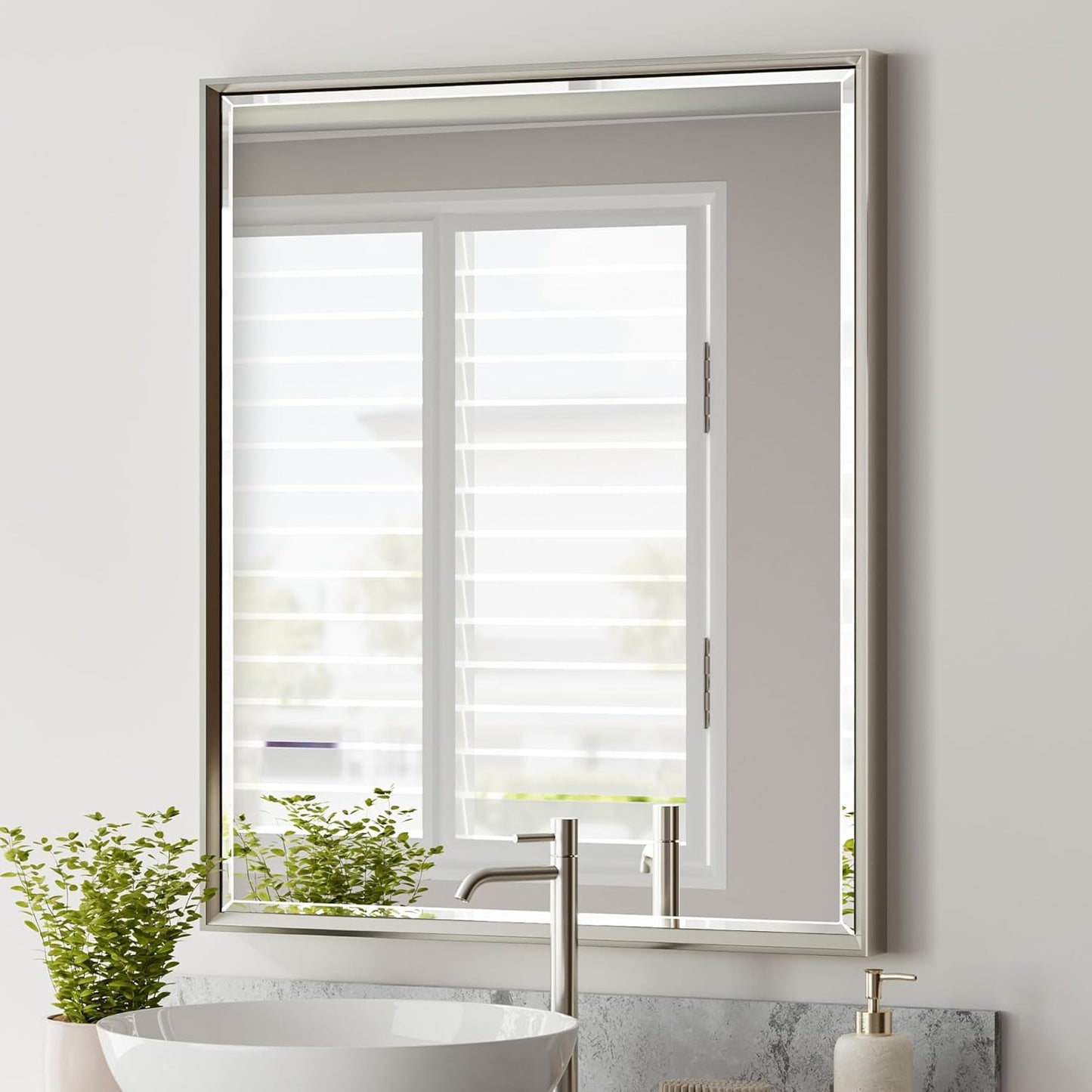 Brushed Nickel Bathroom Mirror with Beveled Frame for Style