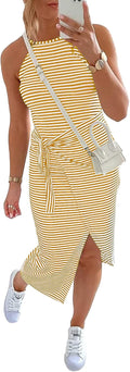 Sleeveless Striped Ruched Bodycon Midi Dress - Flattering (Style 821P)