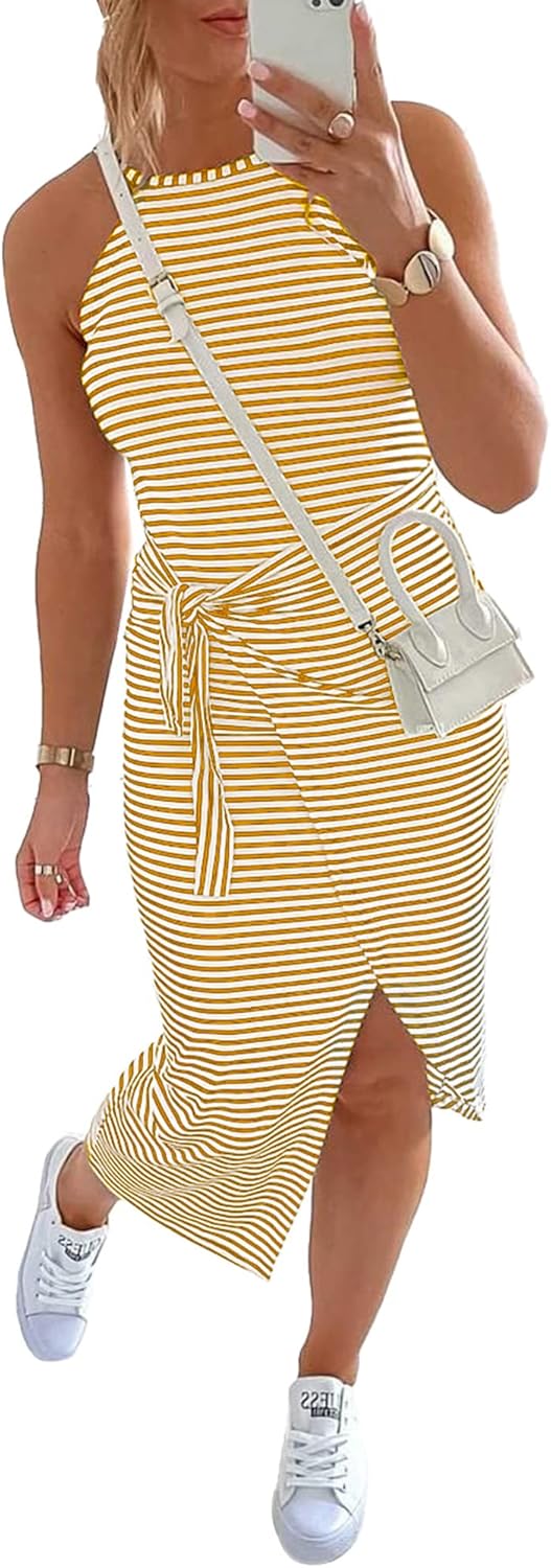 NOLLSOM Women Casual Sleeveless Striped Midi Dress for Summer