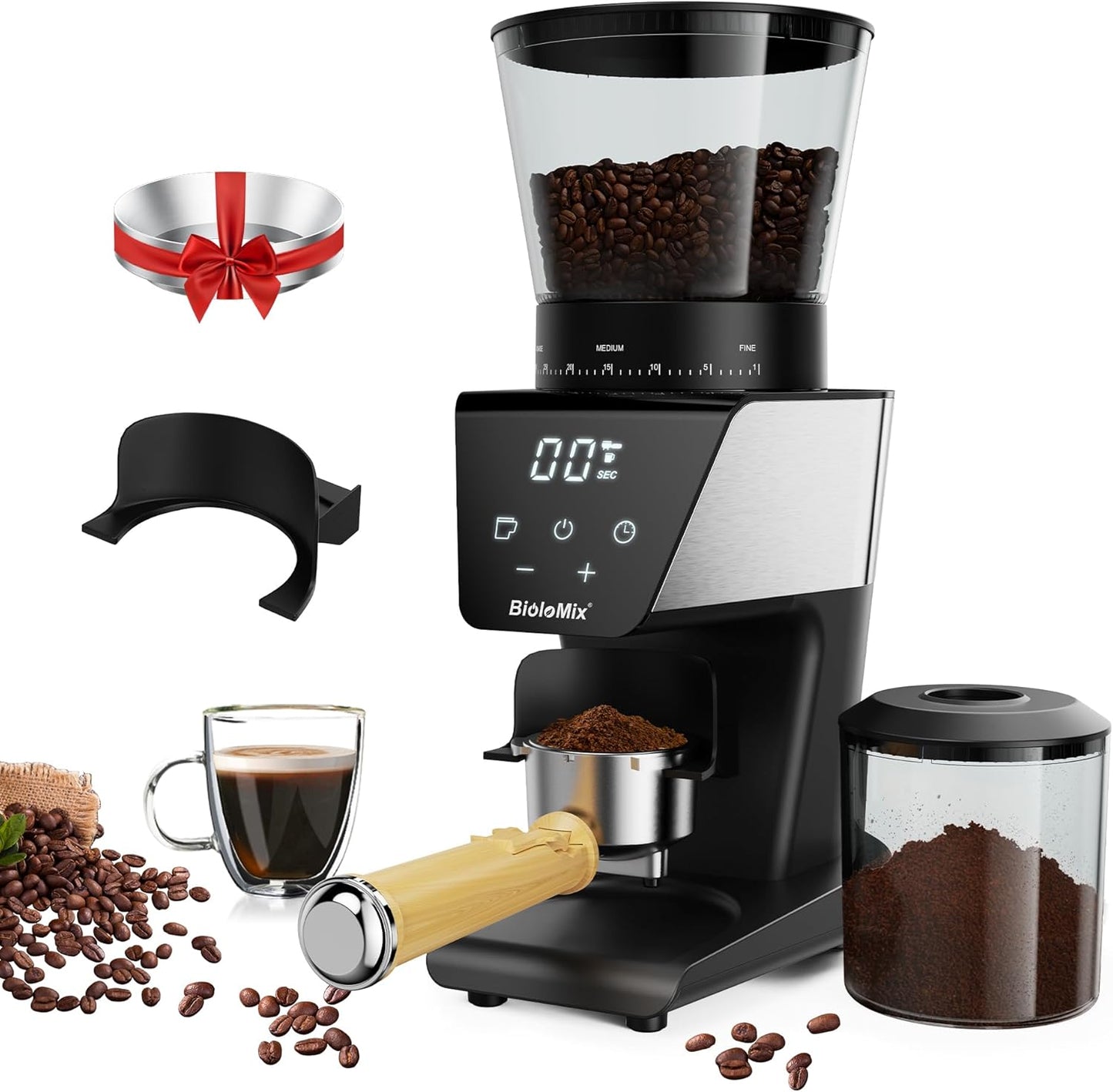 BioloMix Electric Coffee Grinder: 30 Settings, LCD Display