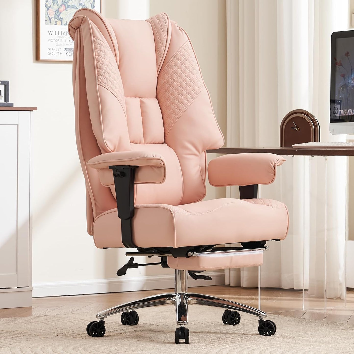 400lbs Big & Tall Leather Office Chair - Lumbar Support, Foot Rest (Light Pink)