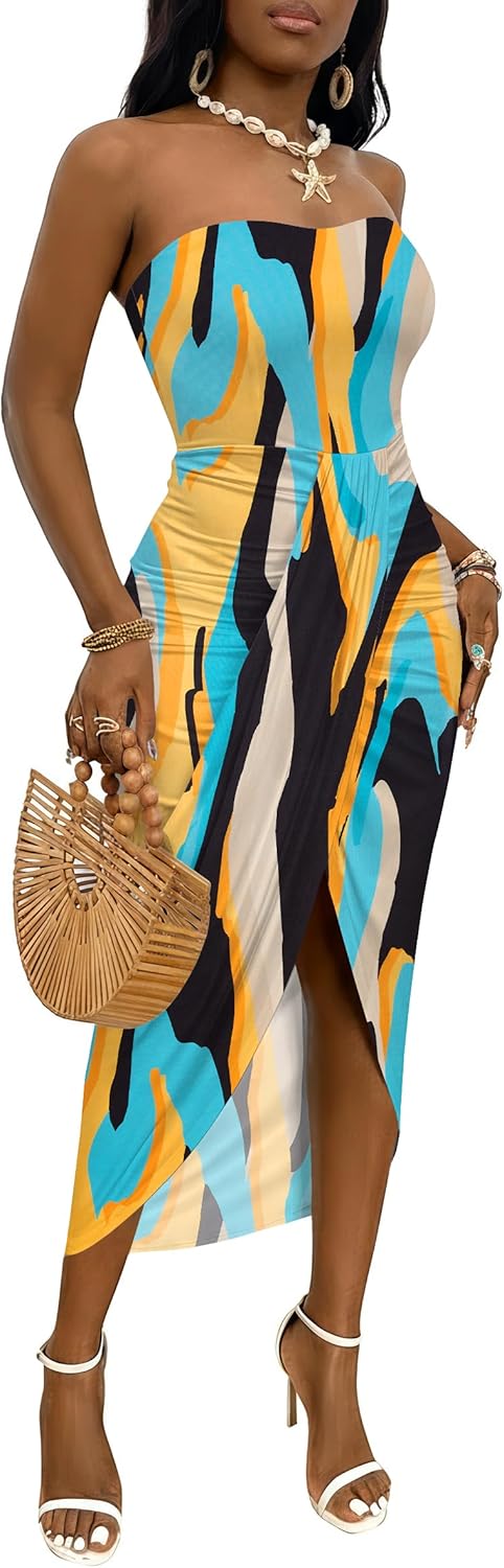 Umenlele Women's Strapless Ruched High Waist Beach Maxi Dress