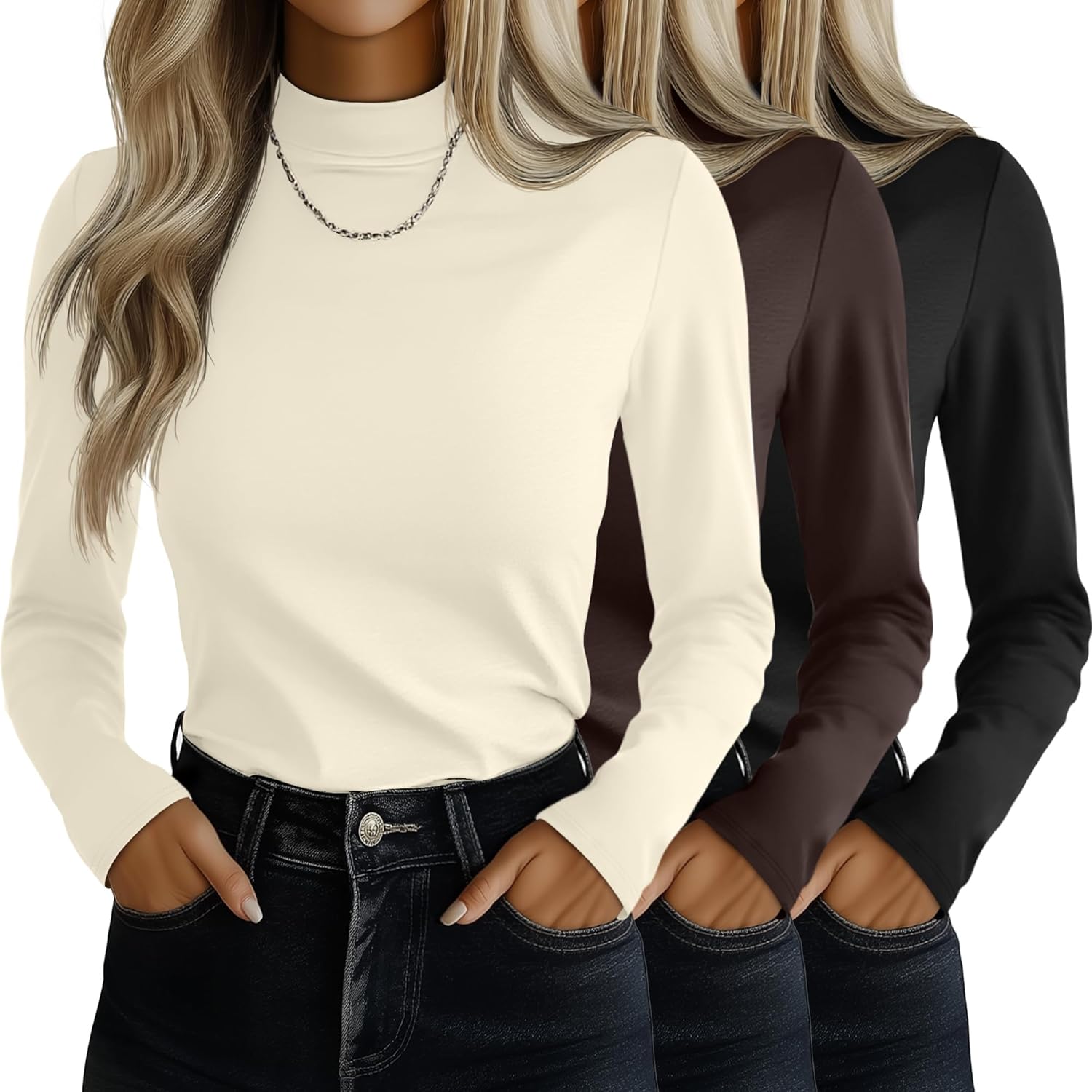 Ficerd 3 Pack Women's Mock Turtleneck Shirts for Layering