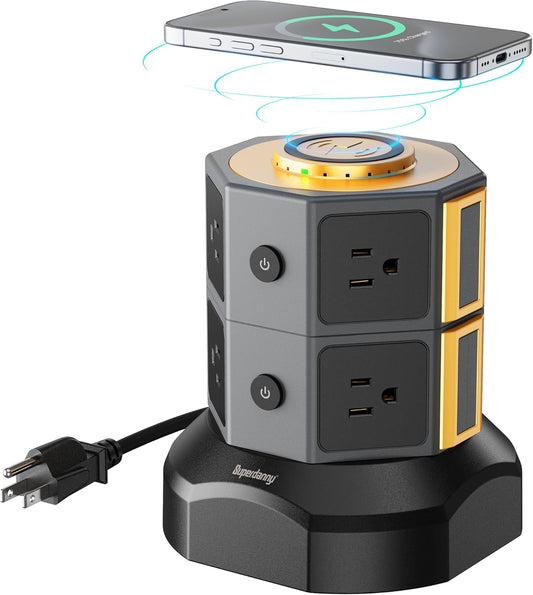 SUPERDANNY Power Strip Tower with Wireless Charger and USB Ports